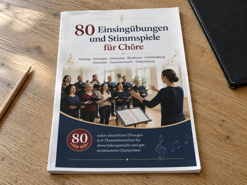 Die Sammlung 80 Einsingübungen und Stimmspiele für Chöre als A4-Ausdruck auf einem Holztisch