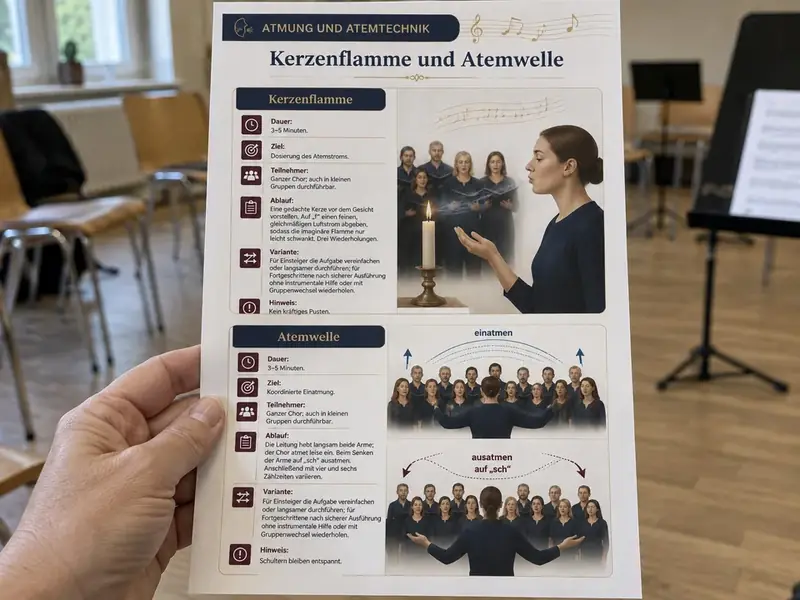 Eine Hand hält das A4-Übungsblatt Kerzenflamme und Atemwelle