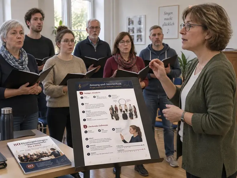 Eine Chorleiterin nutzt das ausgedruckte Atemübungsblatt bei der Chorprobe